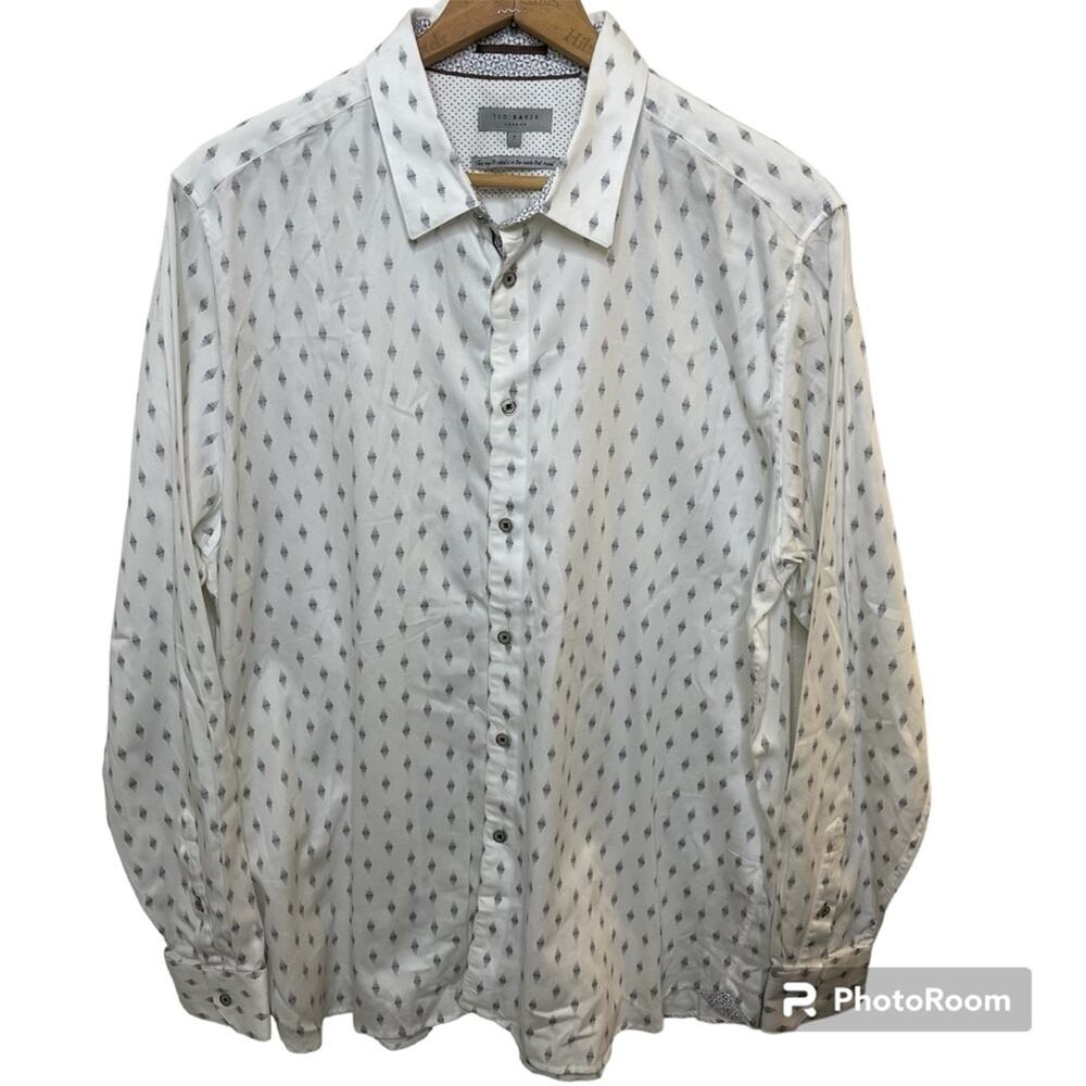 Ted Baker London Men’s White Long Sleeve Button-Up Shirt Collared Cotton 7/3XL
